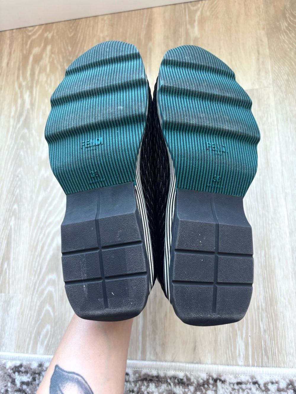 Fendi Ruffle Trim Nappa Leather Slip-On Sneakers - Black with Yellow Piping - Picture 9 of 10